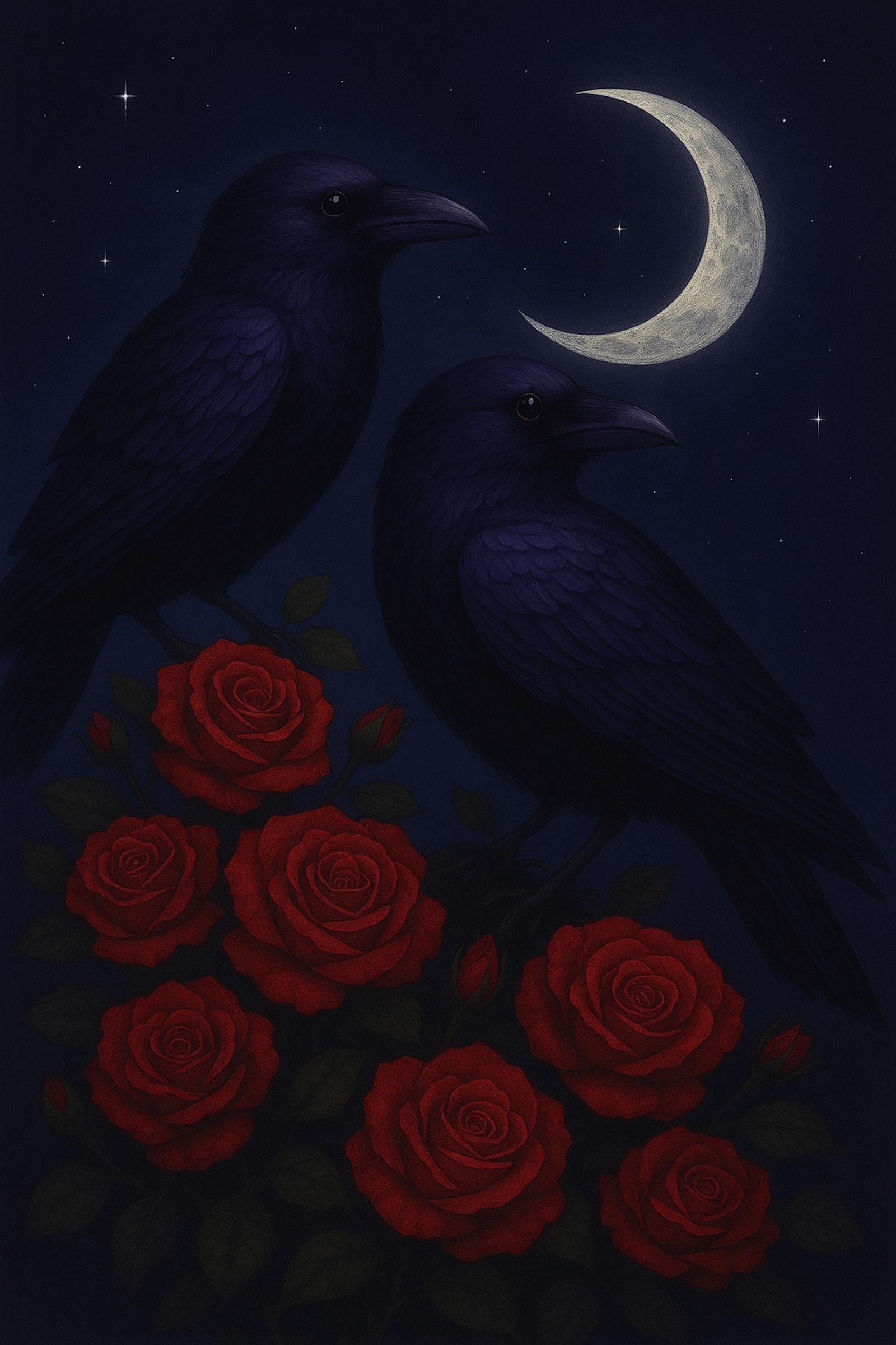 Ravens, roses, and crescent moon